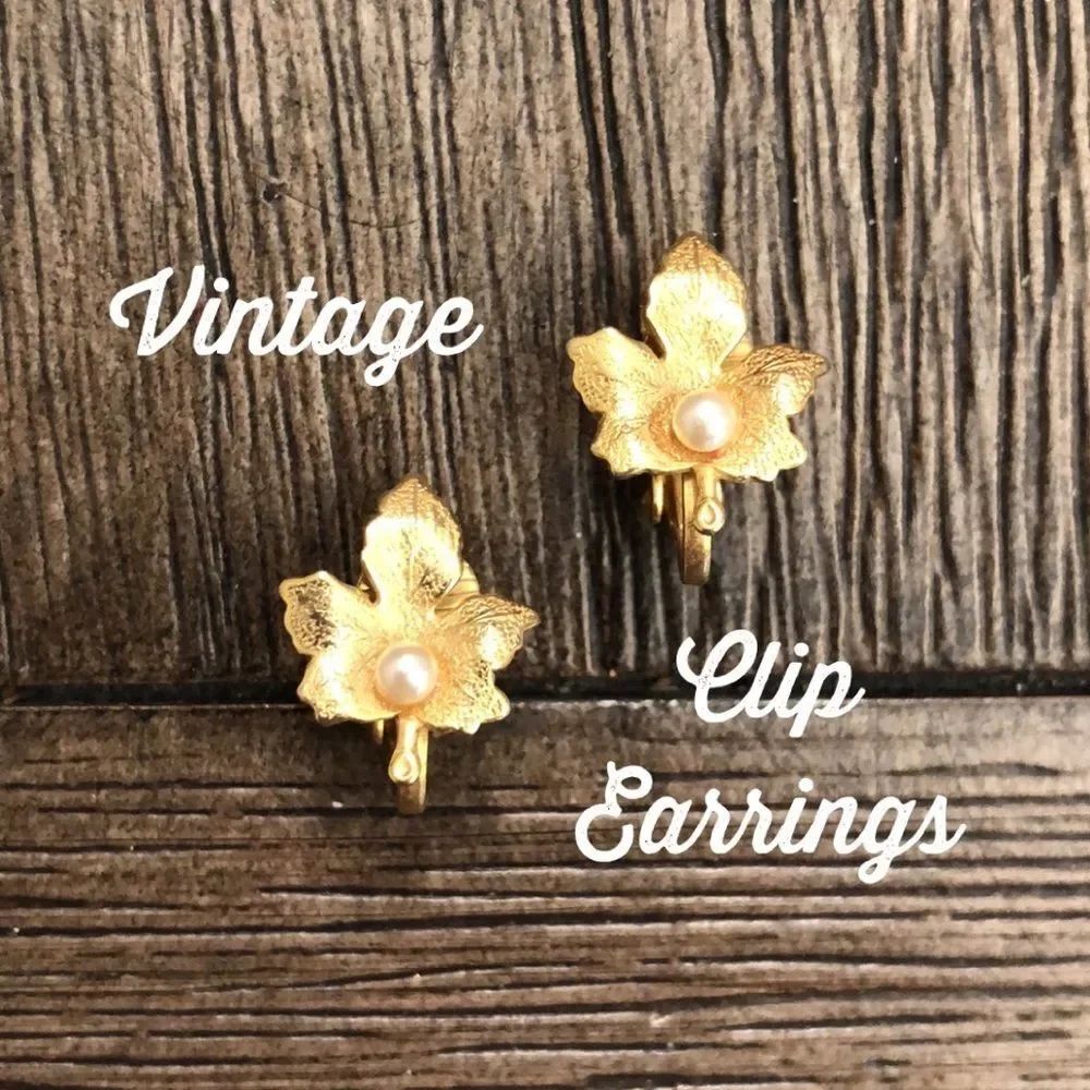 Goldtone Metal Leaf Clip Earrings Pearl Center